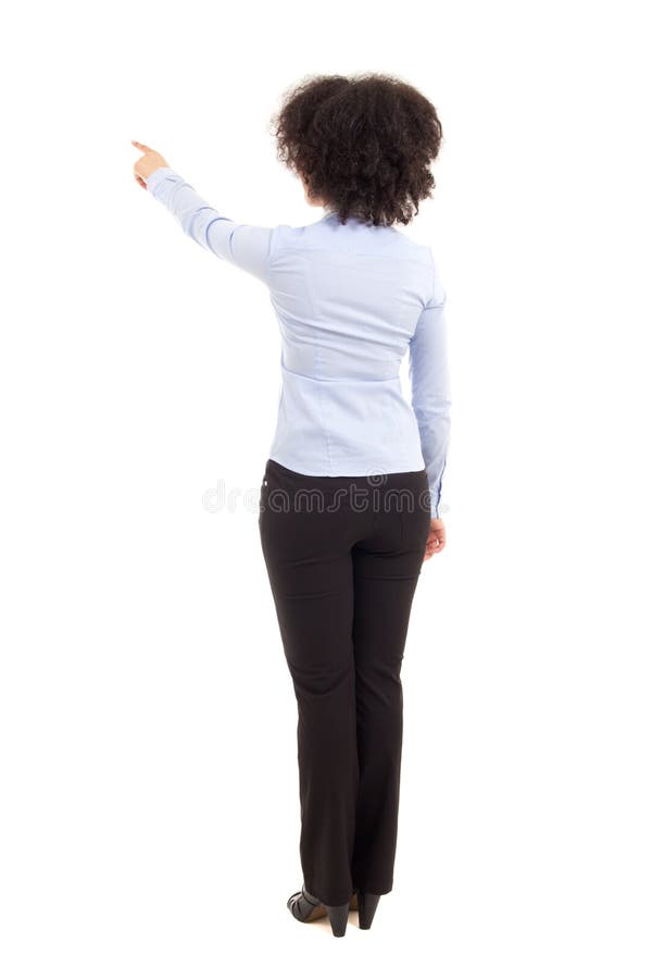 back view of african american business woman pointing at something isolated on white