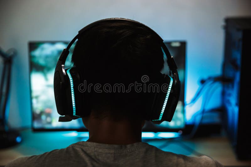 Back View Closeup of Young Gamer Boy Playing Video Games Online Stock ...