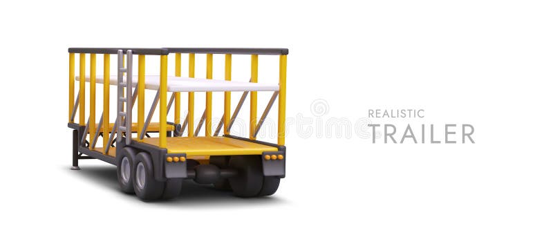 Vedere din spate a remorcii 3d cu design deschis. concept de transport al încărcăturilor grele. poster pentru societatea de transport marfă. ilustrare vectorială colorată în culori galbene