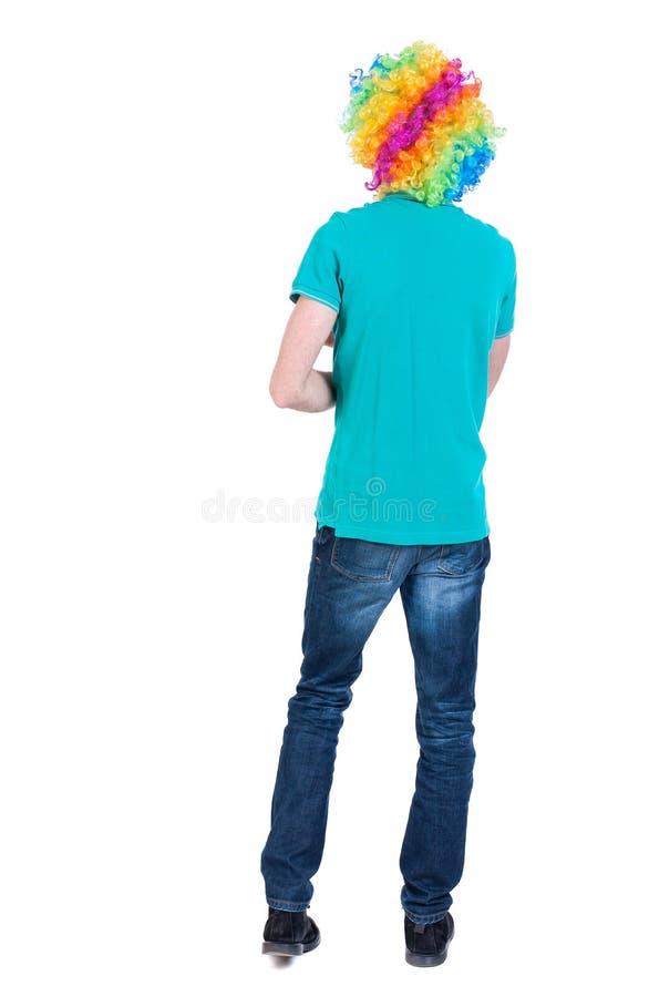 Back View of Dancing Young Beautiful Man in Clown Wig. Stock Image