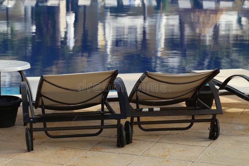 Back View of Deck Chairs Near the Pool Stock Image Image of tropical