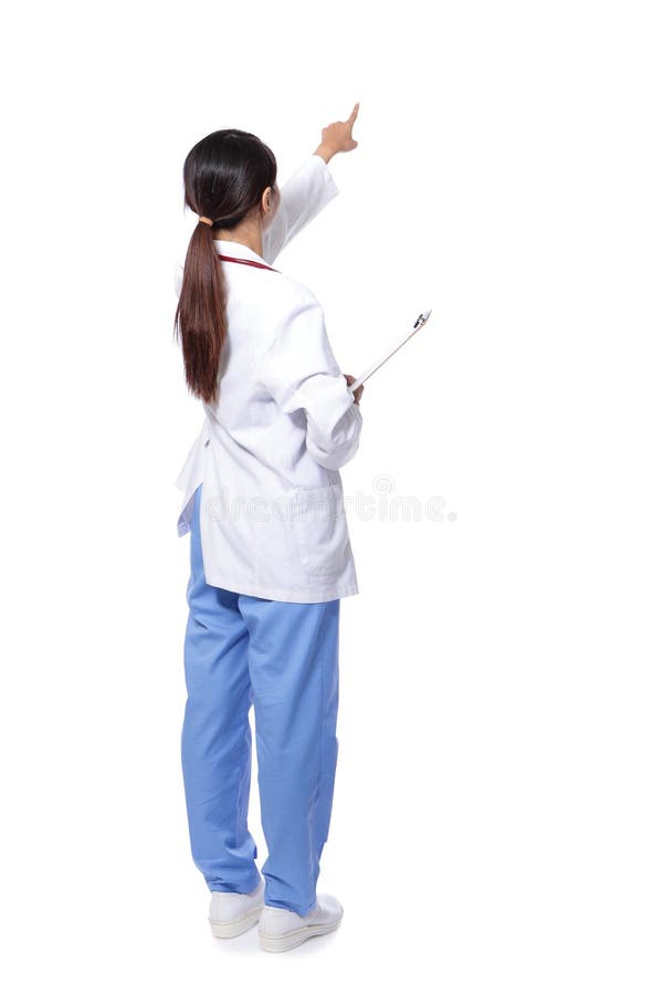 Back view of medical doctor woman finger point to empty copy space in full length, concept of advertisement product, Isolated over white background, asian model. Back view of medical doctor woman finger point to empty copy space in full length, concept of advertisement product, Isolated over white background, asian model