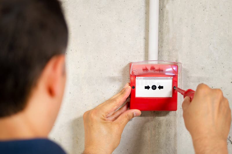 Electrician Installing Fire Alarm Stock Image Image of male, danger