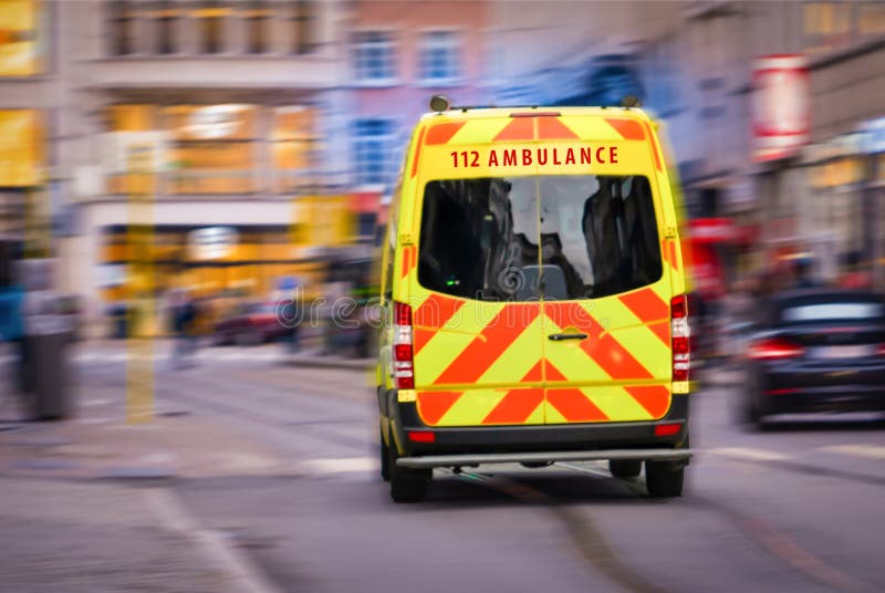 Back View Of Emergency Ambulance Car In The Street Stock Image Image