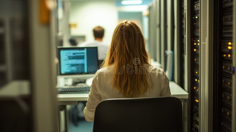 Female technician working in data center stock photo