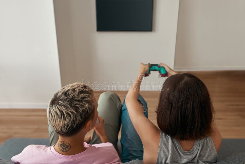 Back View Of Lesbian Girls Playing Video Game Stock Image Image Of Relationship Indoors