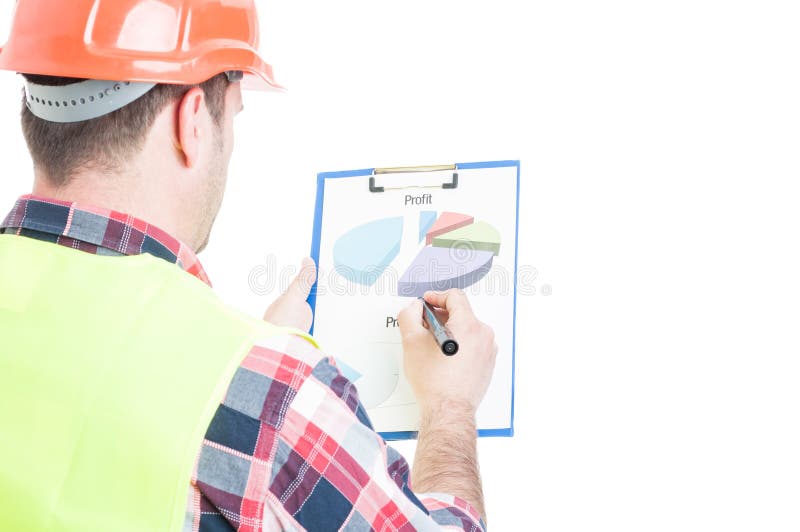 Back view of male constructor with diagrams royalty free stock photos