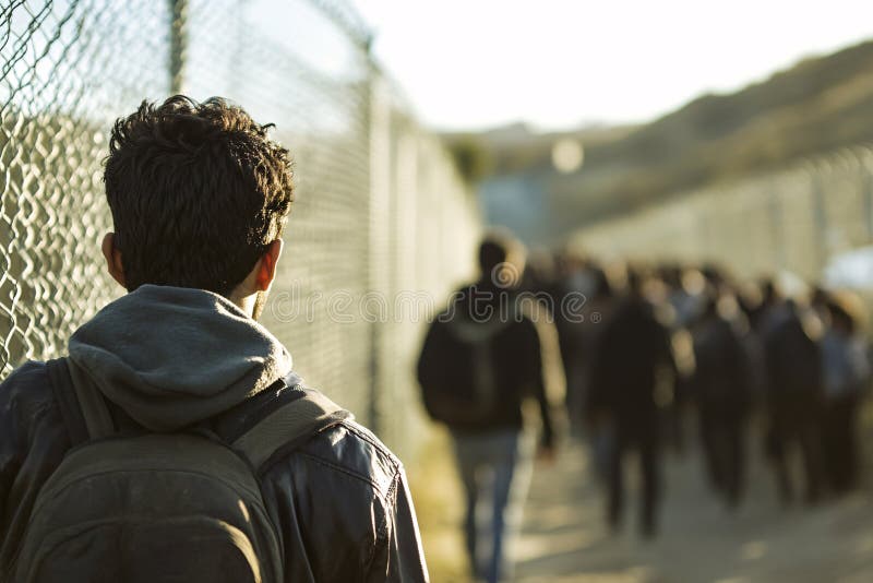 Back view of male immigrants at border with fence stock illustration