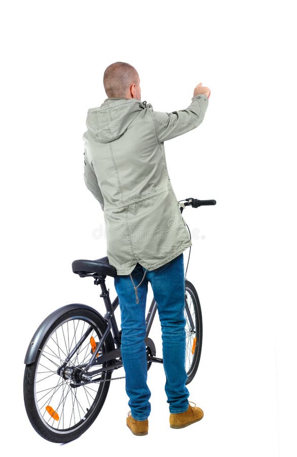 Back view of a man with a bicycle.