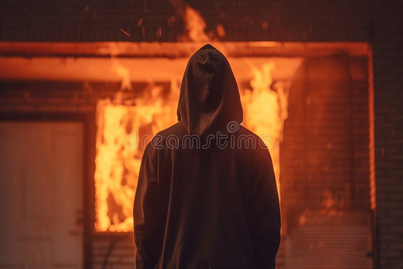Back View of Man Standing in Front of Burning Building Stock