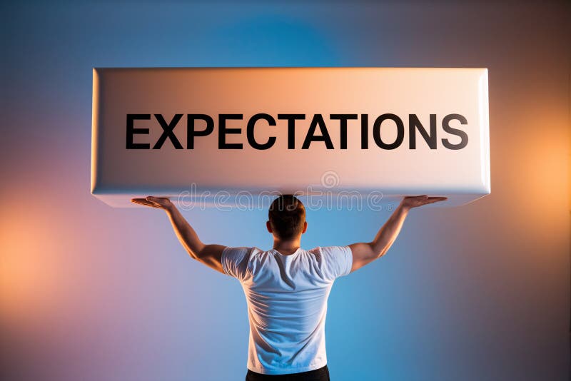 Back view of man straining under reflective block labeled \'expectations\' in front of studio background stock illustration