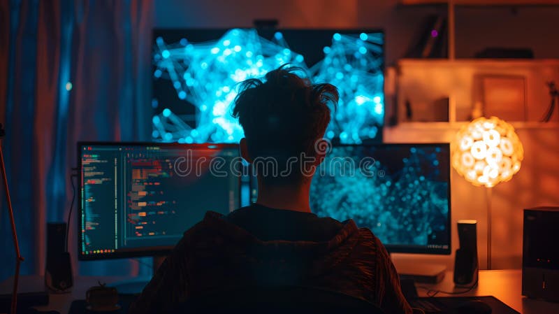 Back View of a Person Coding Late at Night, Illuminated by Screen Glow ...