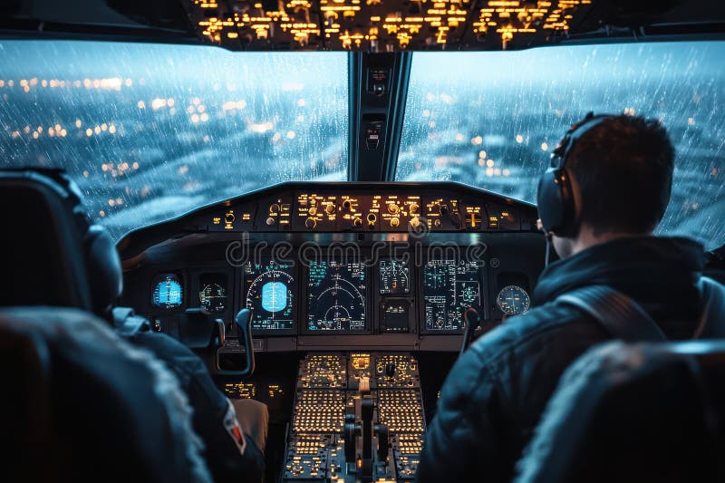 Focused pilot in cockpit from rear view stock image