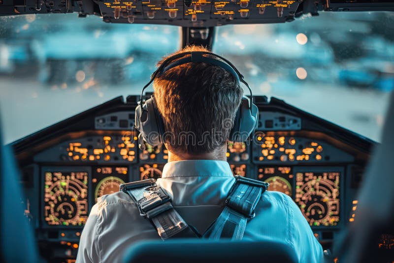 Focused pilot in cockpit from rear view royalty free stock image