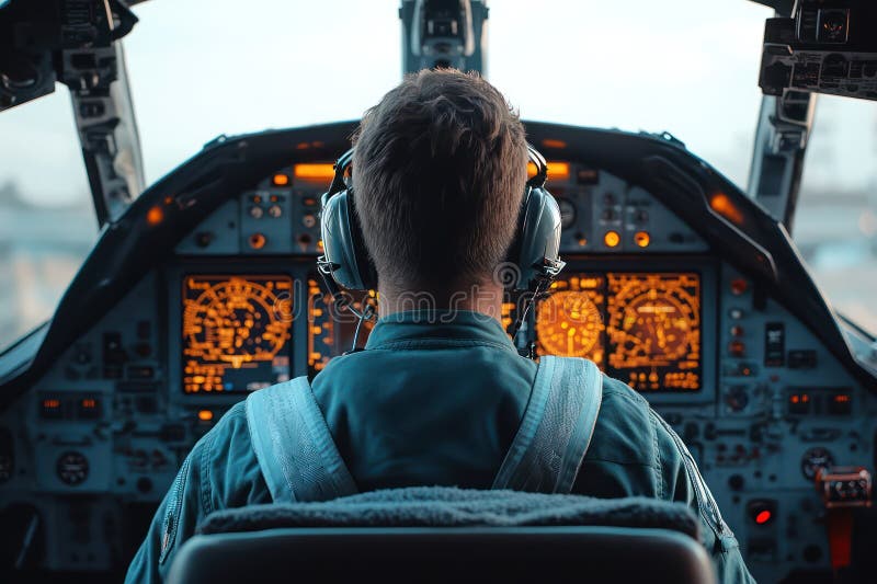 Focused pilot in cockpit from rear view royalty free stock image