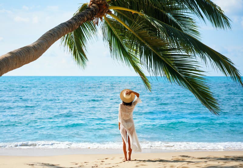 Back view of pretty young woman relax and enjoy sea standing under palm tree on tropical beach