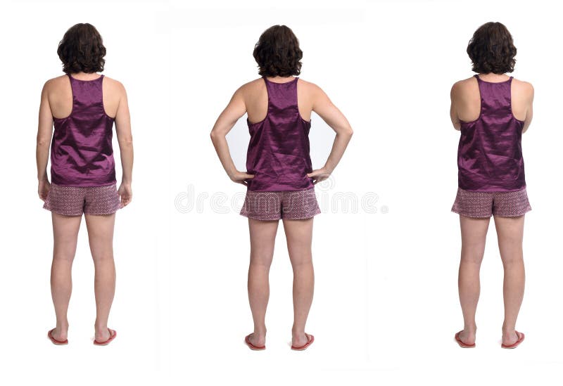 Back view of a same woman summer short pajamas on white background.