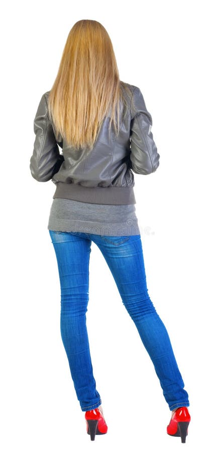 Back view of standing beautiful blonde Young woman.