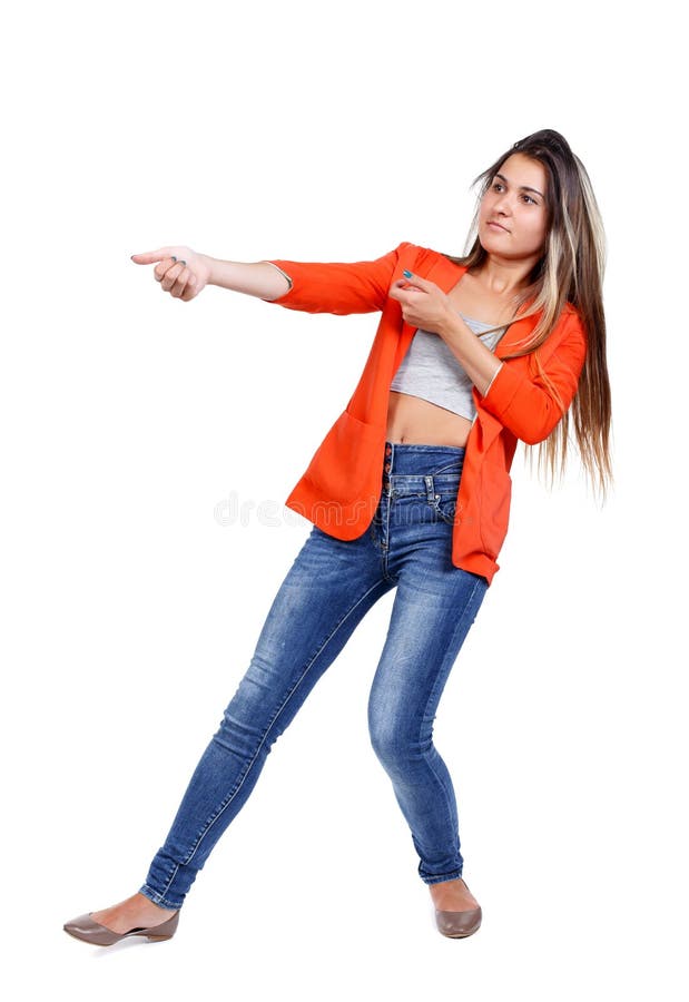 Back View of Standing Girl Pulling a Rope from Top or Cling To S Stock