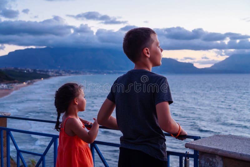 Portrait of Preteen Boy Brother, Little Girl Family Sitting on Beach ...