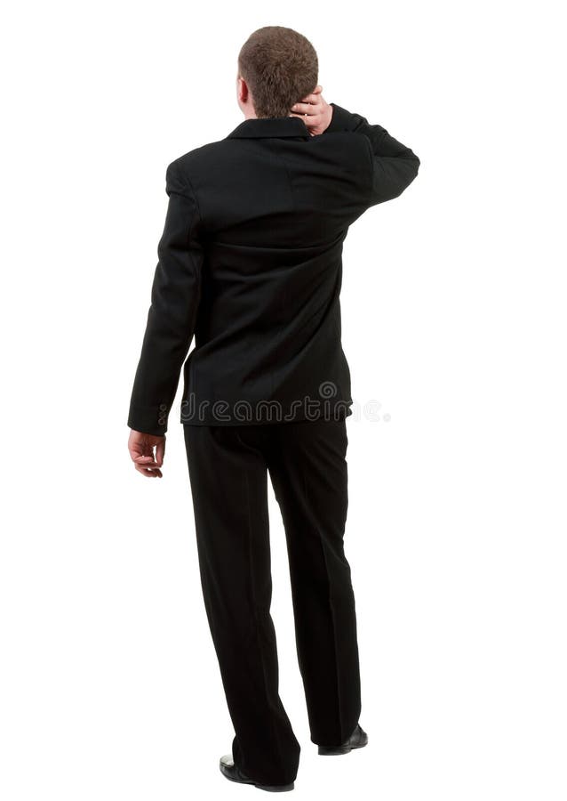 Back view of thinking business man. thoughtful adult businessman in black suit with his hand on his neck. Rear view people collection. backside view of person. Isolated over white background.