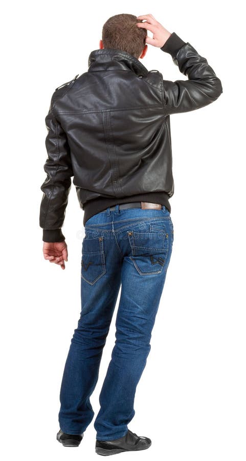 Back view of thinking man. embarrassed adult man in black jacket and jeans. Important desicion in life. Rear view people collection. backside view of person. Isolated over white background.