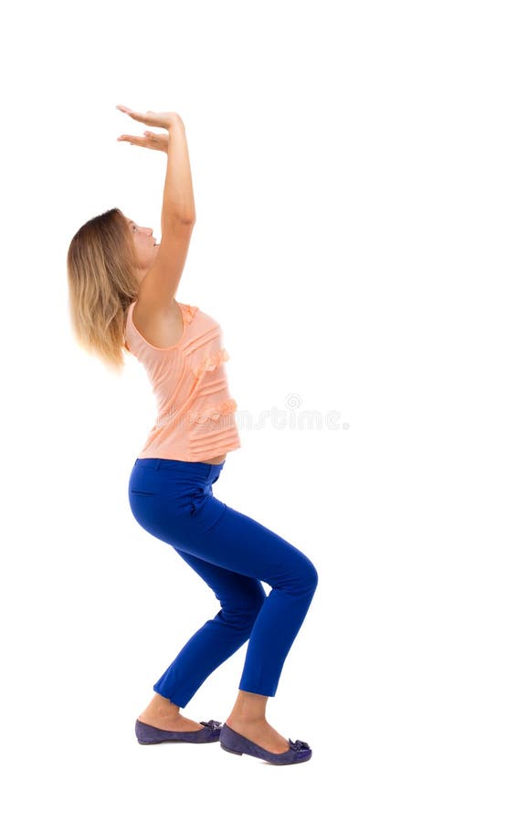 Back View Of Woman Pushes Wall. Isolated Over White Background.