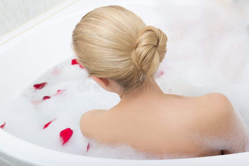 Back View Woman Relaxing Bath Red Flower Petals Stock Photos Free