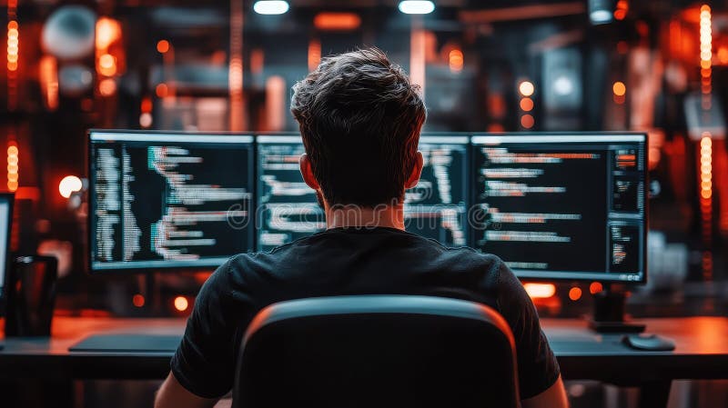 Back View of IT Worker Sitting at Desk and Working on Computer - Programmer or Coder Engaged in Programming Tasks royalty free illustration