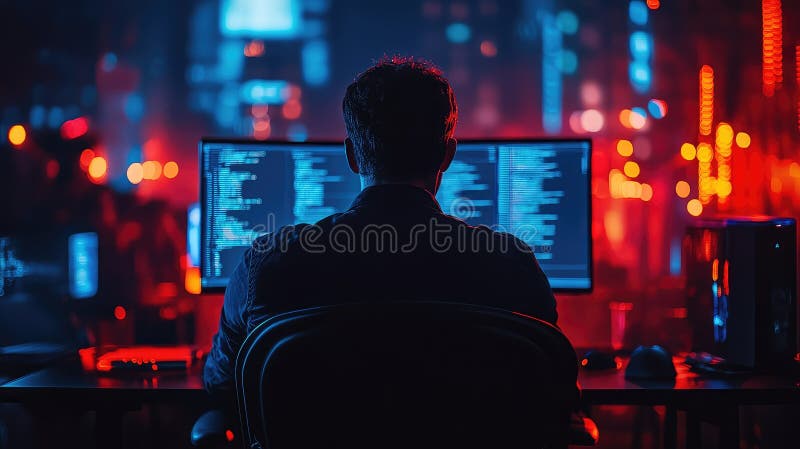 Back View of IT Worker Sitting at Desk and Working on Computer - Programmer or Coder Engaged in Programming Tasks vector illustration