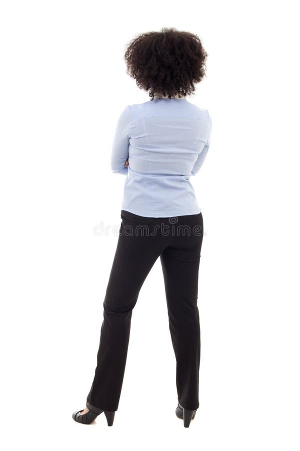 Back view of young african american business woman posing isolated on white