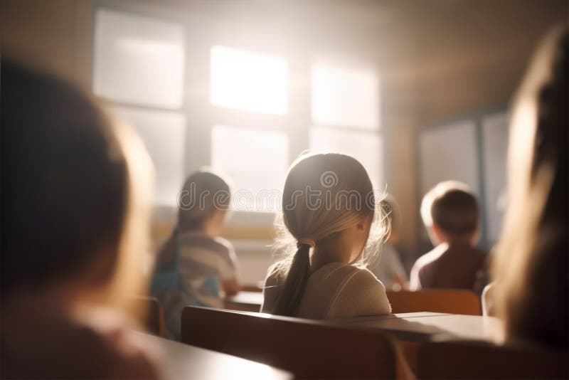 Back view of young children in school classroom royalty free illustration