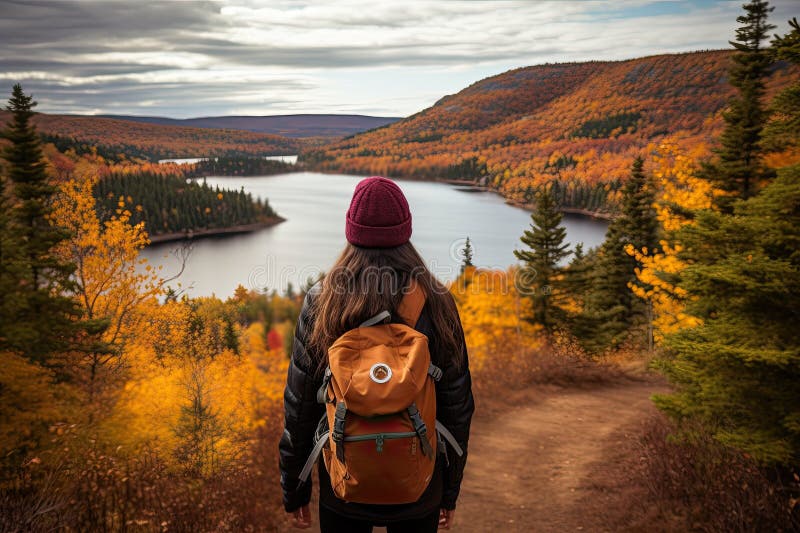 Hiking clipart illustration depicting a hiker with a backpack, enjoying the  scenic view of a waterfall in a lush forest. AI Generated 26674671 PNG