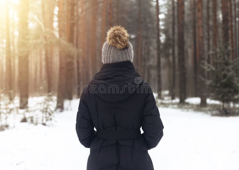 Woman in Winter Clothes on a Walk in the Park. There is a Lot of Snow  Around Stock Photo - Image of walk, forest: 207578936