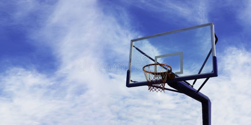 Basketball, backboard and the sky.