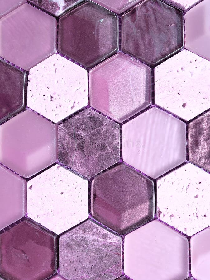 Combination of Glass and Stone Hexagons in Purple Tones, Wall Design Material Stock Photo
