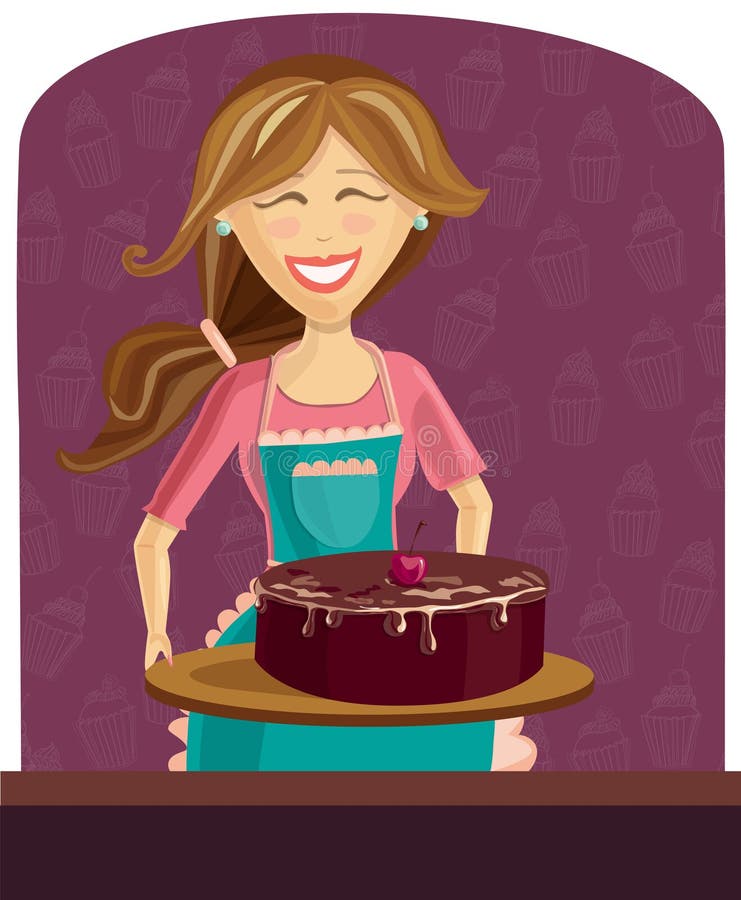 BackenFrau mit Kuchen stock abbildung. Illustration von