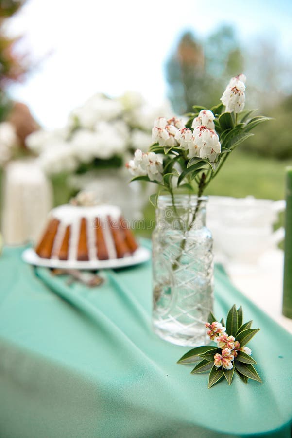 Backen Sie mit einigen Schalen auf dem Picknicktisch zusammen, der mit Blumen, Kerzen, Vase auf dem grünen Gebiet verziert wird lizenzfreie stockfotos Backen Sie mit einigen Schalen auf dem Picknicktisch zusammen, der mit Blumen, Kerzen, Vase auf dem grünen Gebiet verziert wird lizenzfreie stockfotos