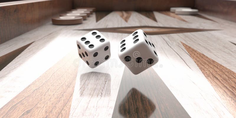 Backgammon, dice flying over the game board. Rolling dice closeup. 3d illustration