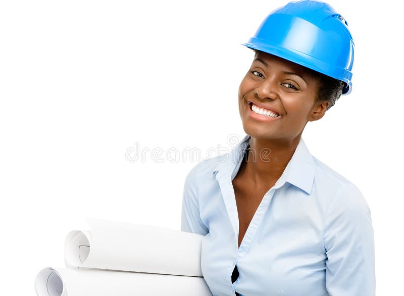 Backgro blanco sonriente del arquitecto afroamericano confiado de la mujer imagen de archivo