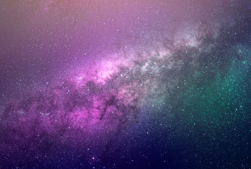 Background of abstract galaxies with stars and planets with galaxy motifs in purple and green space of night light universe