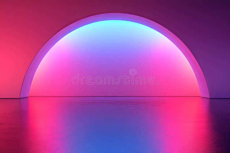 The background is an abstract pathway leading to three 3D renderings of blue and pink neon light circles reflecting on vector illustration