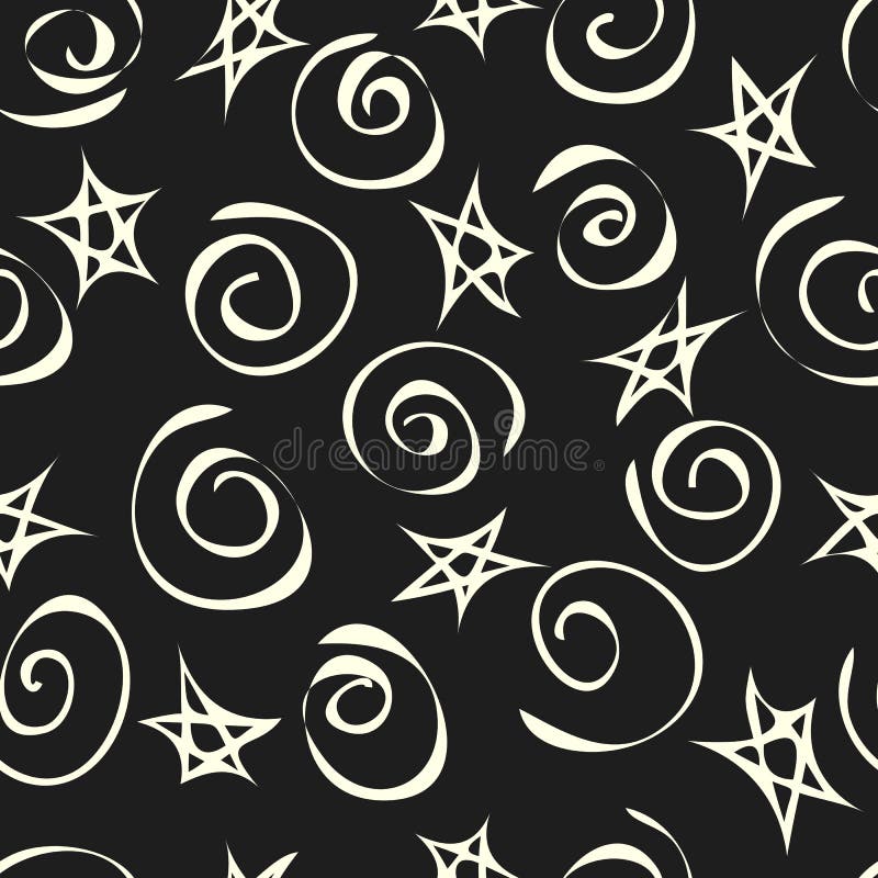 Background of abstract stars and spirals, seamless pattern. Vector stock illustration