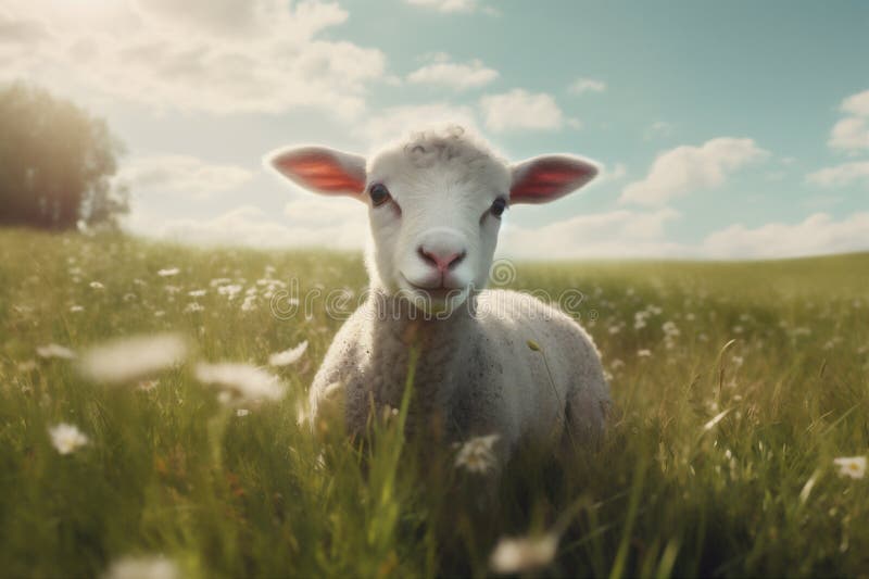 green sun farm sheep grass wool meadow animal field lamb. Generative AI.