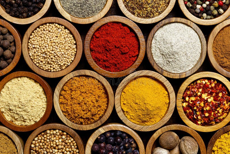 Background of Arranged Spices in Small Wood Bowls. Stock Image Image