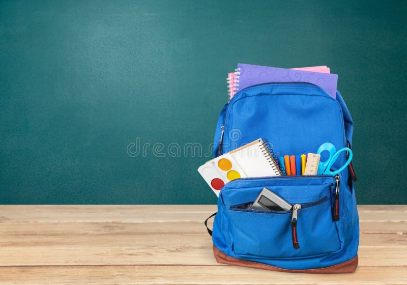 Blue School Backpack on background stock photos