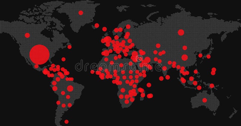 Background and banner of coronavirus covid-19 global pandemic situation map show spreading of virus infection outbreak globally with red dot on black background. Background and banner of coronavirus covid-19 global pandemic situation map show spreading of virus infection outbreak globally with red dot on black background