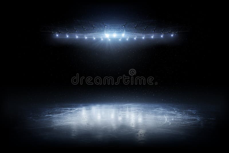 Background. Beautiful empty winter background and empty ice rink with lights. Spotlight shines on the rink. Bright