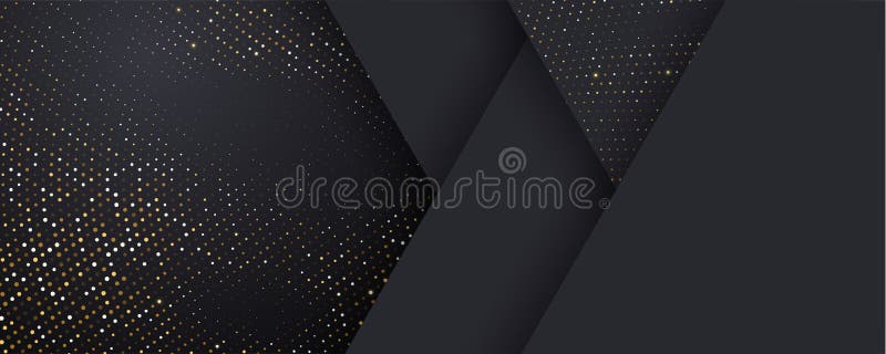 Background, black and gold halftone shine dots on geometric triangle pattern, vector. Golden confetti glitter on black gradient