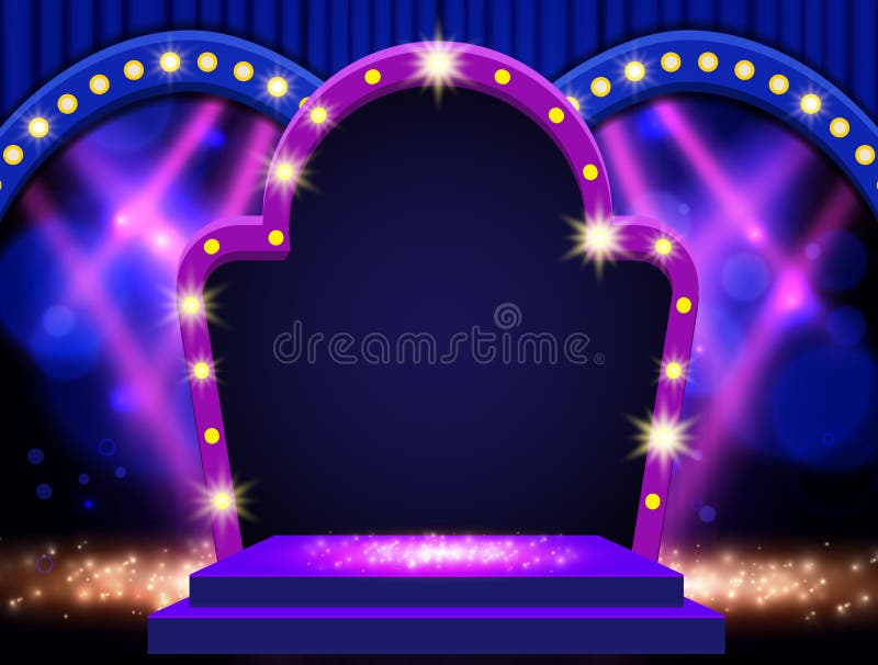 Background with Blue Curtain, Podium, Spotlights and Retro Arch Banner.  Design for Presentation, Concert, Show Stock Vector - Illustration of  elegance, film: 213540305